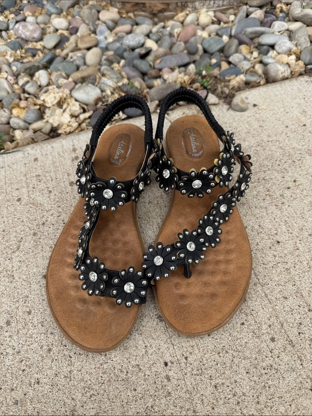 Comfort Floral Jewel T-Strap Sandals - Black - Picture 1 of 2